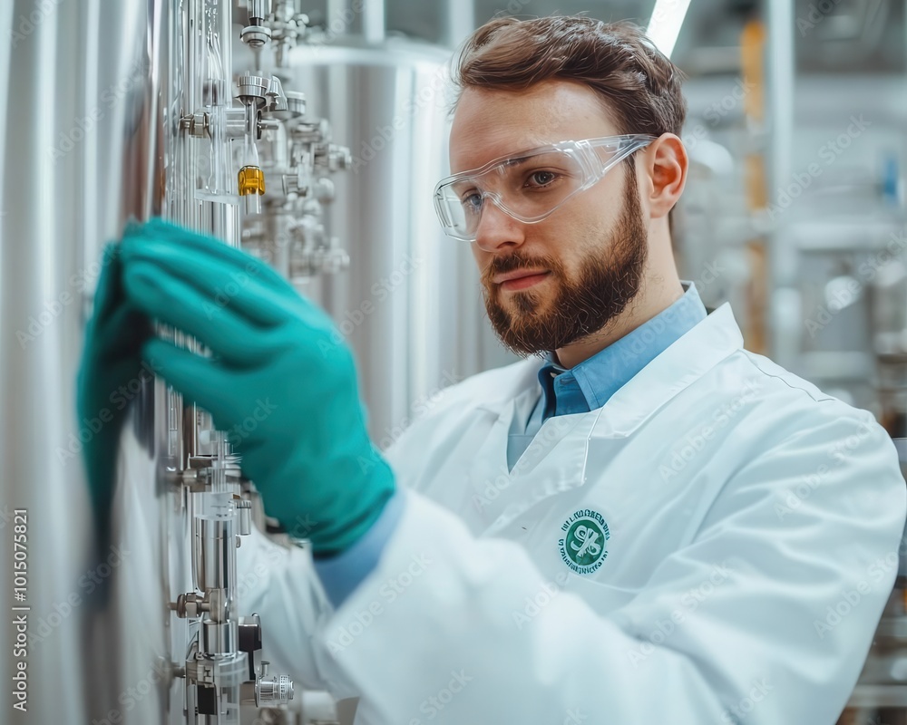 Scientist in a lab adjusting a distillation column, industrial chemical engineering process Scientist in a lab adjusting a distillation column, industrial chemical engineering process