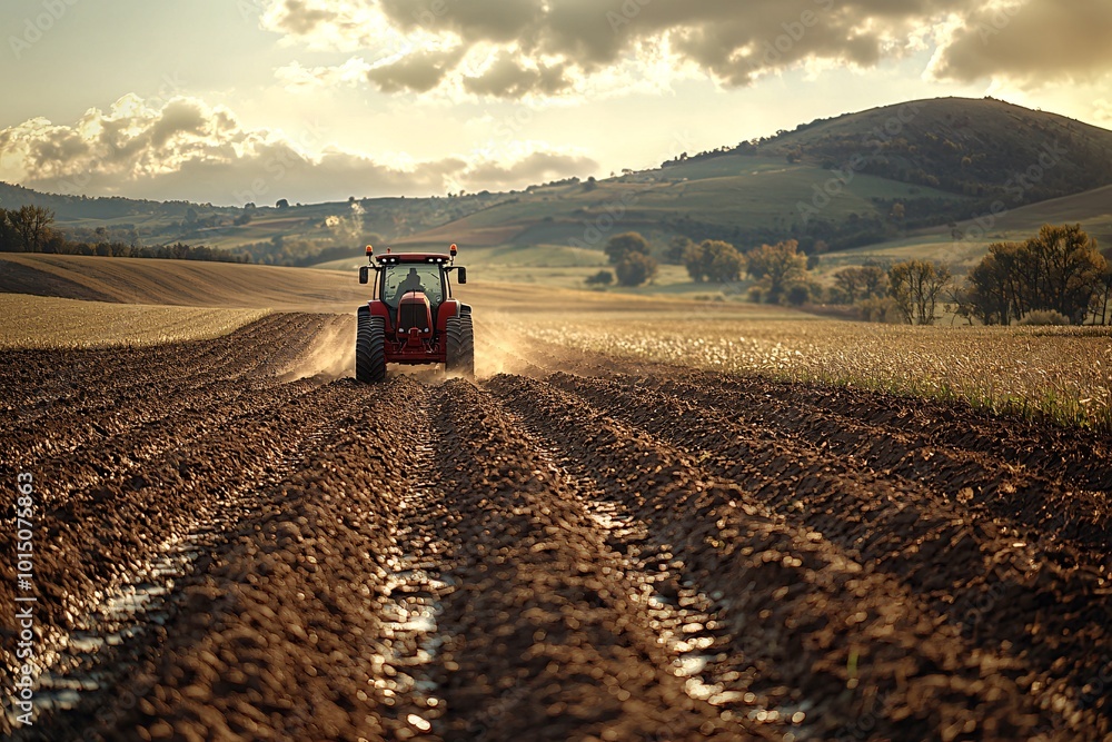 Fototapeta premium Early Morning Sun on Red Tractor in Field
