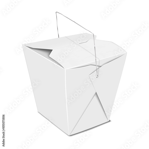 Chinese take out noodle box with metal wire handle. 3d mockup. Blank white paperboard takeout Asian food carry box. Realistic vector mock-up. Eco paper wok container packaging. Template