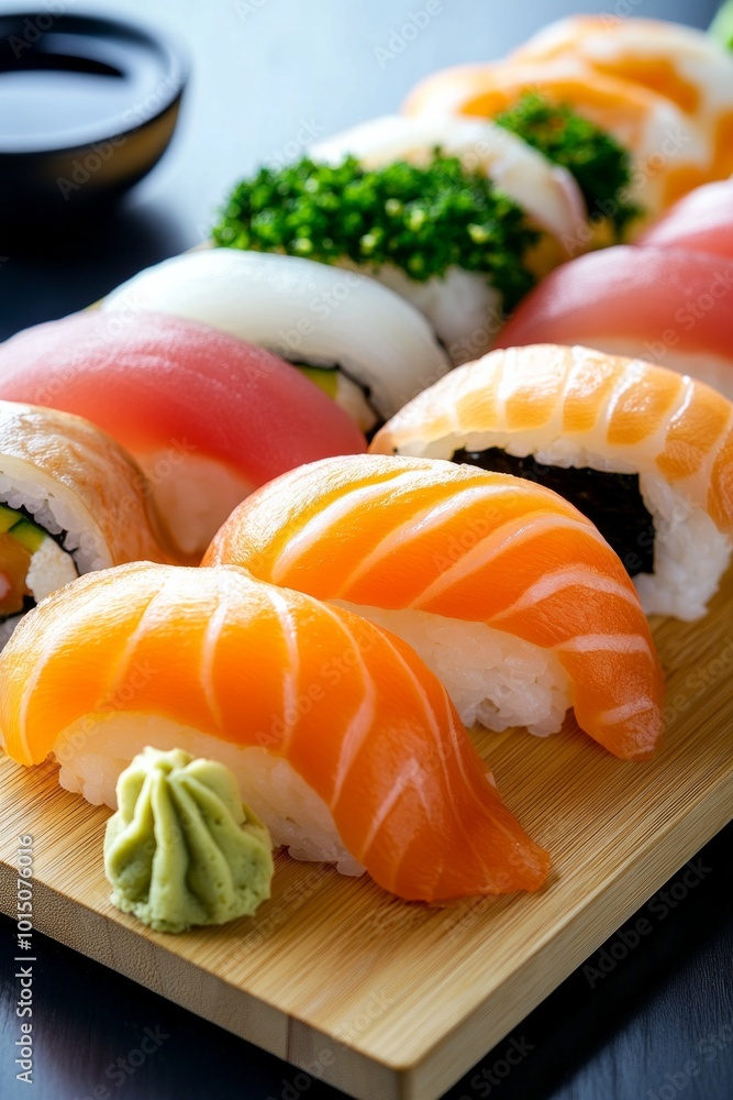 A vibrant sushi platter featuring various nigiri, including salmon, tuna, and other fresh fish slices served with wasabi A vibrant sushi platter featuring various nigiri, including salmon, tuna, and other fresh fish slices served with wasabi