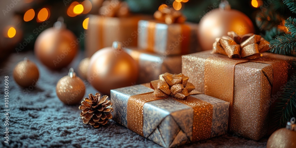 Beautifully wrapped Christmas gifts with shiny ribbons on a cozy blanket, surrounded by festive baubles and pine cones. Beautifully wrapped Christmas gifts with shiny ribbons on a cozy blanket, surrounded by festive baubles and pine cones.