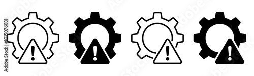Warning icon set, broken operational process, gear symbol with exclamation mark, troubleshoot filled, repair or maintenance symbol