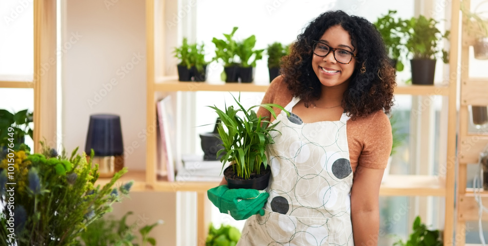 Woman, nursery and flowers in portrait as florist for gift, gardening and home decor with ecology. Female person, greenhouse and happiness for houseplants, botany and small business in sustainability Woman, nursery and flowers in portrait as florist for gift, gardening and home decor with ecology. Female person, greenhouse and happiness for houseplants, botany and small business in sustainability