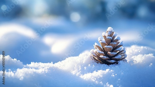 Snow-Covered Pinecone on Soft White Bed of Snow