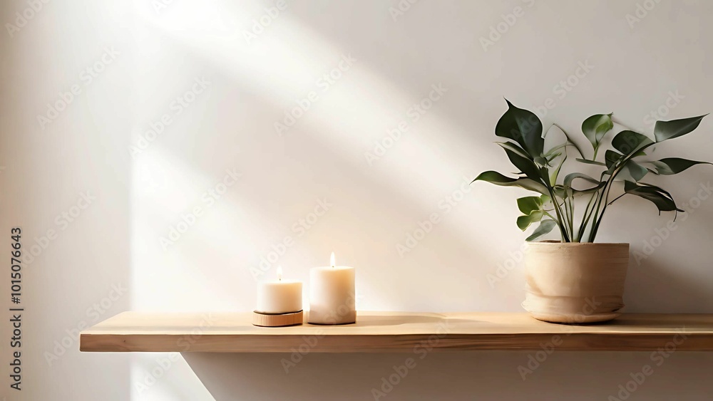 Wooden shelf with candles and plant Wooden shelf with candles and plant
