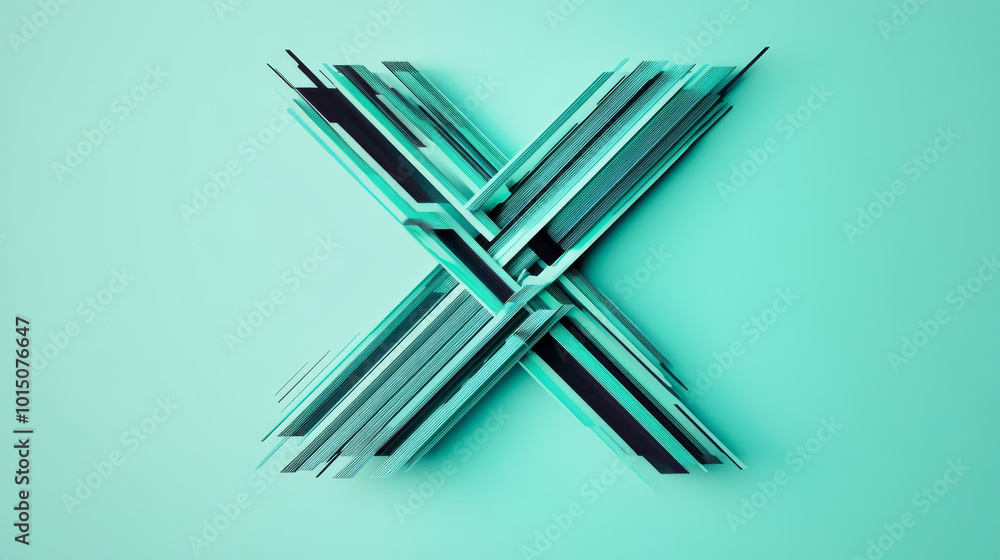 Abstract X shape design in teal and black against a turquoise background. Abstract X shape design in teal and black against a turquoise background.