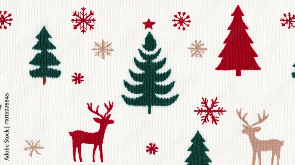 Festive knitted pattern featuring Christmas trees, reindeer, and snowflakes in red, green on a white background Festive knitted pattern featuring Christmas trees, reindeer, and snowflakes in red, green on a white background