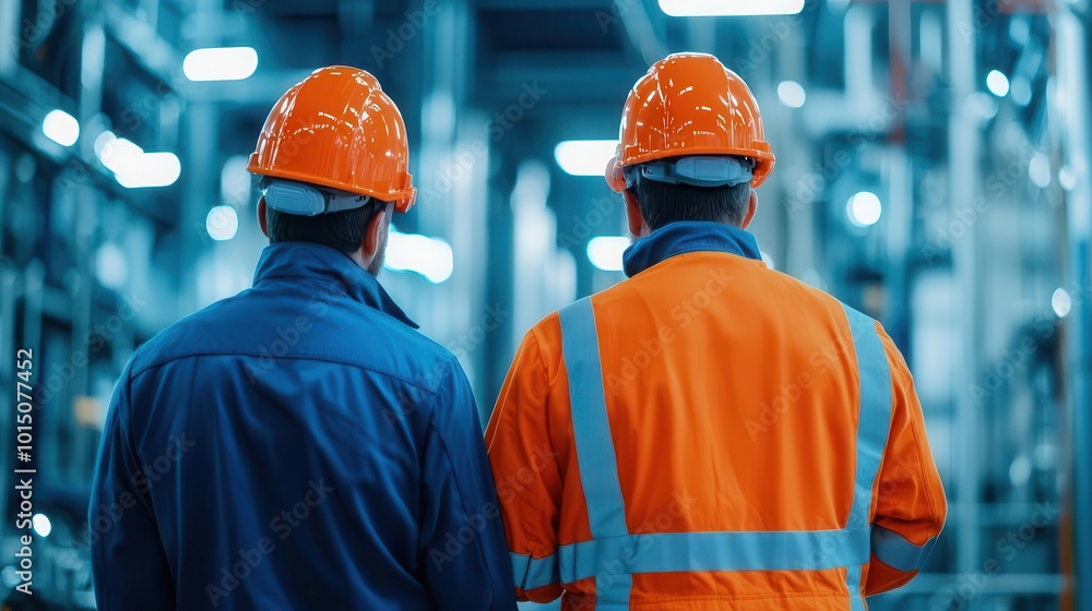 Engineers in a chemical plant, analyzing data from large machinery, industrial processes Engineers in a chemical plant, analyzing data from large machinery, industrial processes