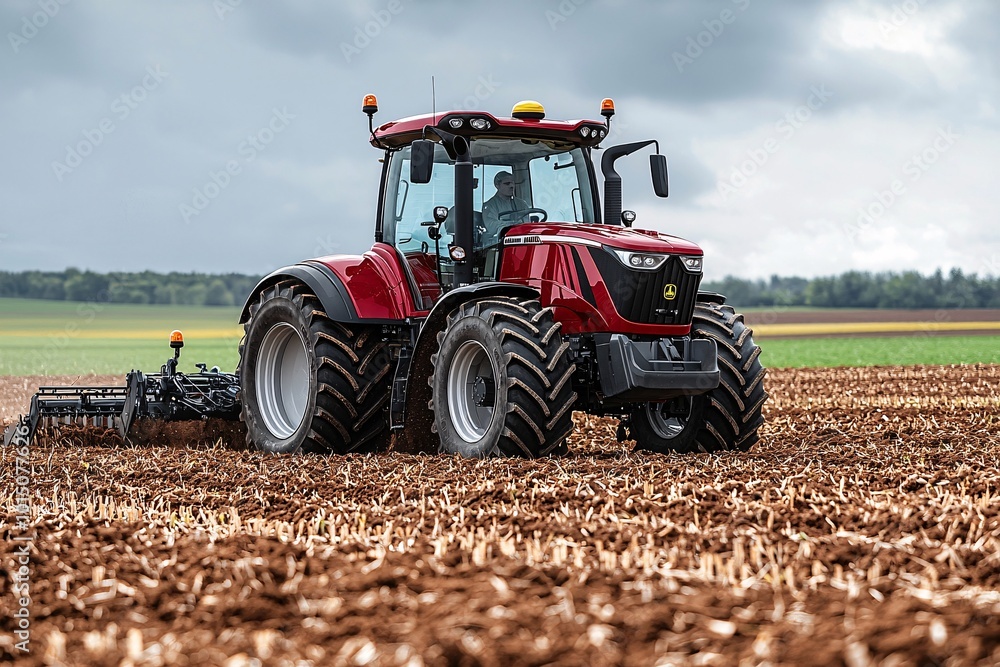 Red Tractor Plowing Field in Morning Light Red Tractor Plowing Field in Morning Light