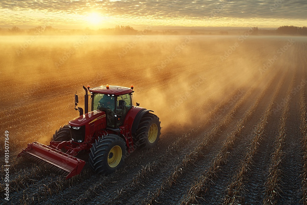 Sunrise Over a Red Tractor Plowing the Earth Sunrise Over a Red Tractor Plowing the Earth