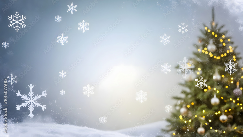 Christmas tree with lights and snowflakes on a winter background Christmas tree with lights and snowflakes on a winter background