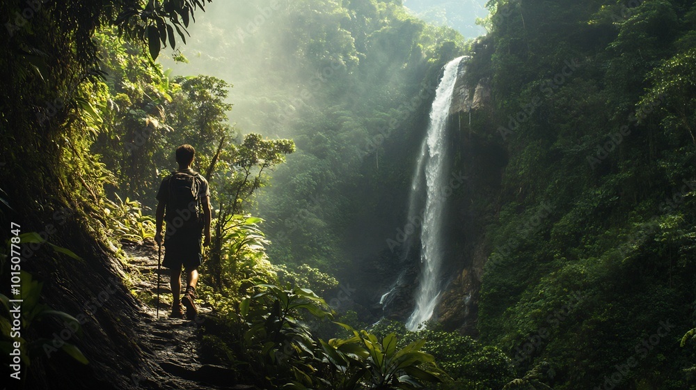 Man Hiking Towards a Lush Waterfall in a Tropical Forest Man Hiking Towards a Lush Waterfall in a Tropical Forest