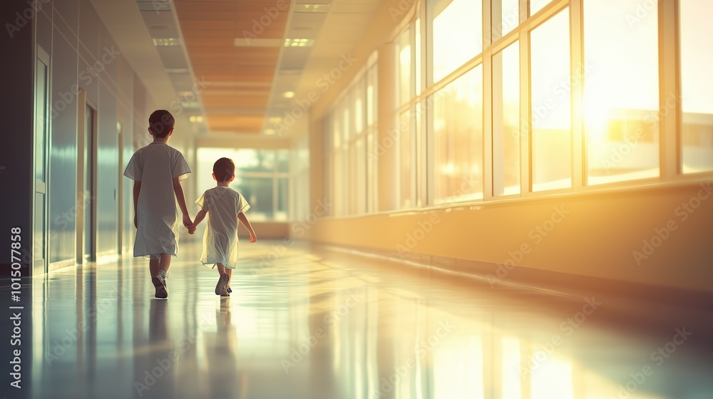 Fototapeta premium Two children walk together, holding hands as they navigate a hospital corridor. The warm light streaming through the windows creates a hopeful atmosphere despite the surroundings