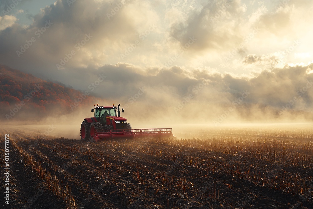 Fototapeta premium Morning Light Over Red Tractor in Field