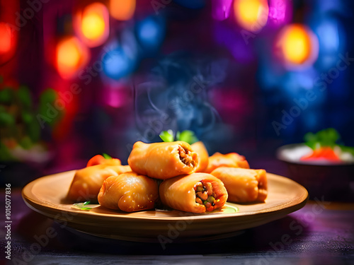 Delicious Spring Rolls Served on a Vibrant Plate photo