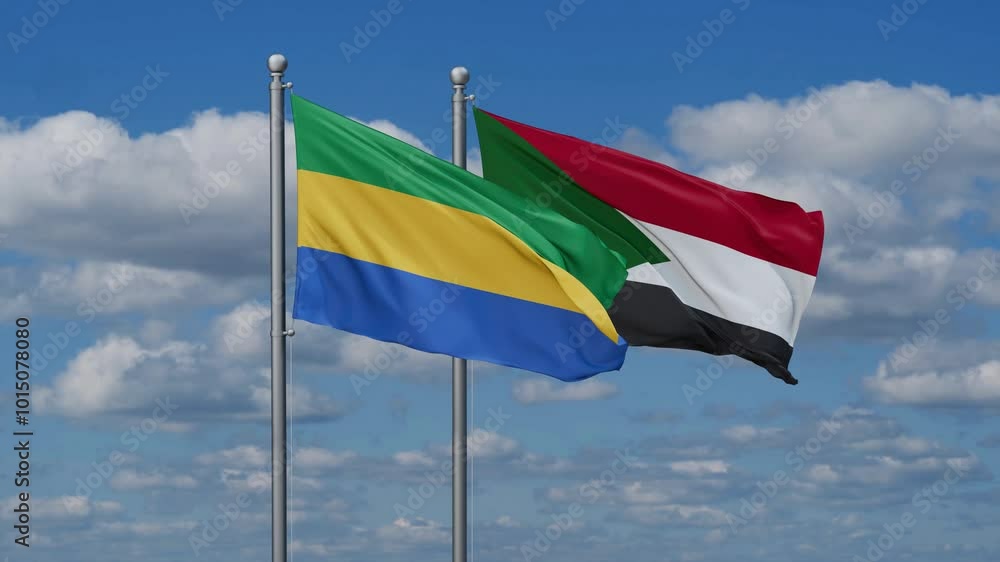 Sudan and Gabon flags flying together, video concept of the relationship, two country cooperation concept Sudan and Gabon flags flying together, video concept of the relationship, two country cooperation concept