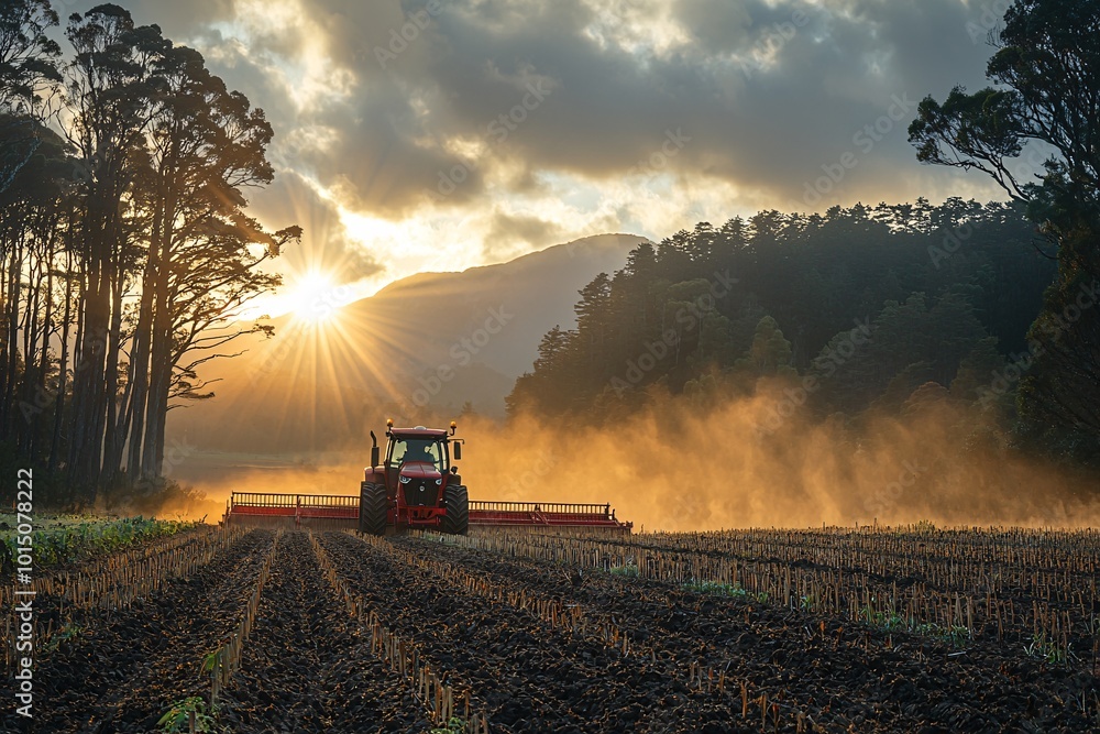 Fototapeta premium Sunrise Over a Red Tractor in Open Field