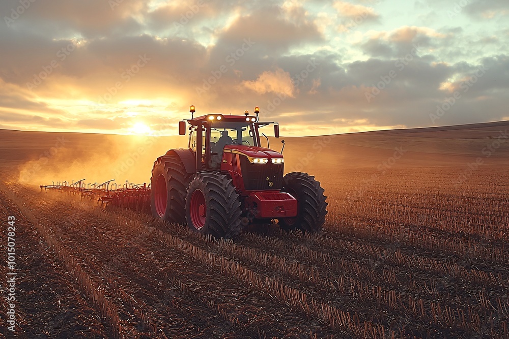Fototapeta premium Sunrise Over Red Tractor in Agricultural Field