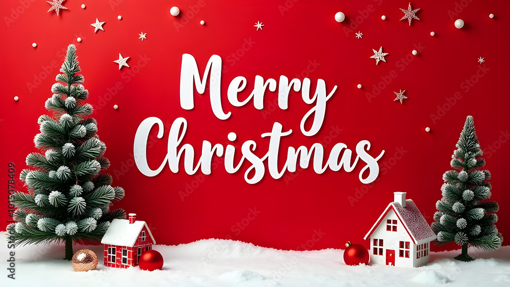 Christmas holiday red background photography with white Letters Merry Christmas on red background with small snow Christmas tree, small houses, gifts and balls