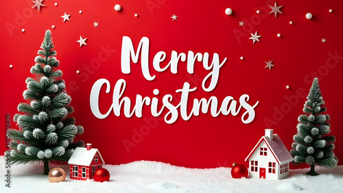 Obraz na płótnie Christmas holiday red background photography with white Letters Merry Christmas on red background with small snow Christmas tree, small houses, gifts and balls w salonie