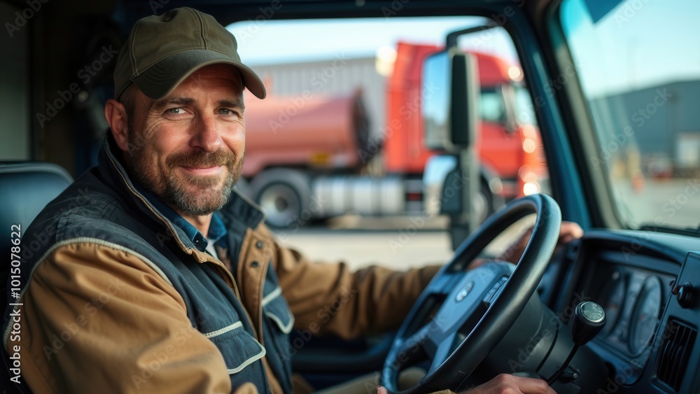 A cheerful male truck driver, seated in the cabin of a large red truck, exudes confidence and warmth, symbolizing the backbone of the transportation and logistics industry. A cheerful male truck driver, seated in the cabin of a large red truck, exudes confidence and warmth, symbolizing the backbone of the transportation and logistics industry.