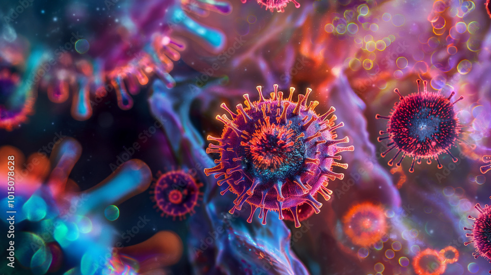 Colorful digital illustration of viruses under a microscope showcasing intricate structures and vibrant details in a microscopic environment Colorful digital illustration of viruses under a microscope showcasing intricate structures and vibrant details in a microscopic environment
