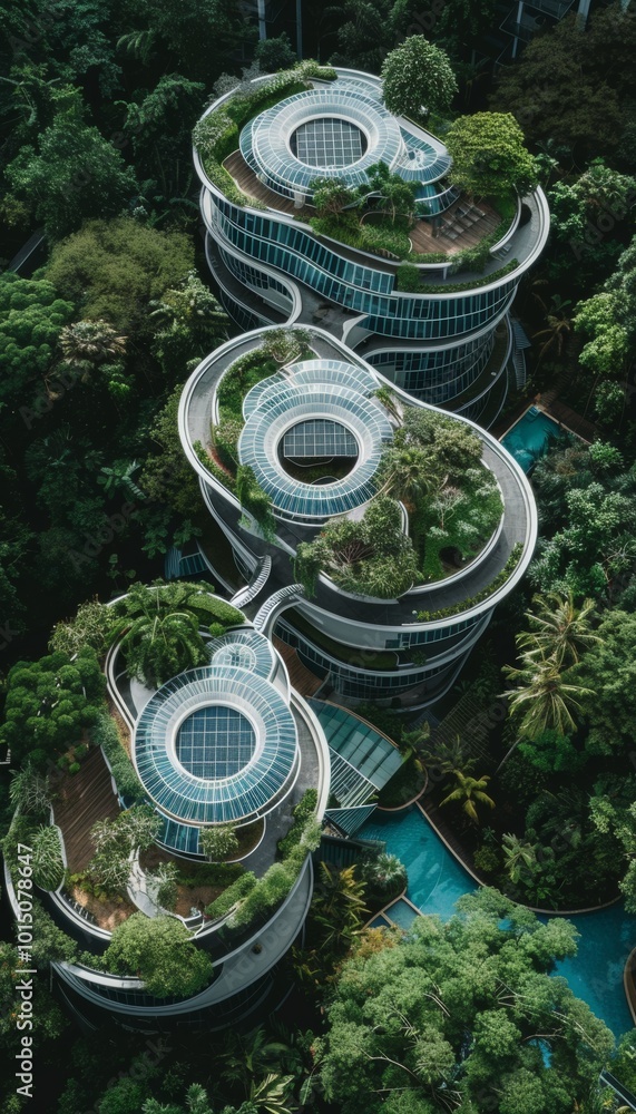 A modern apartment complex with a unique design, featuring green roofs and a winding, circular walkway. A modern apartment complex with a unique design, featuring green roofs and a winding, circular walkway.