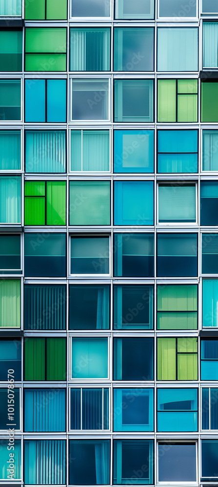 Colorful window panes of a modern building reveal a vibrant array of blues and greens during the daytime in an urban setting Colorful window panes of a modern building reveal a vibrant array of blues and greens during the daytime in an urban setting