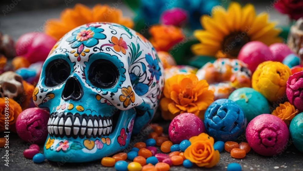 Fototapeta premium Generative AI 3D Rendered Calavera,Sugar Skull, in a traditional style for Dia de Los Muertos Day of the dead