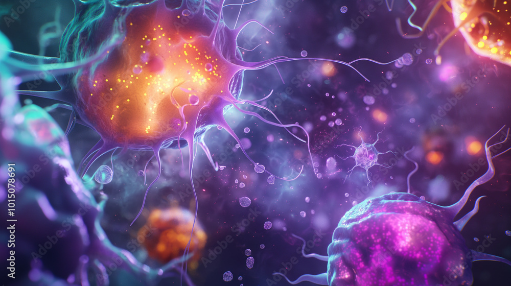 Colorful microscopic view of neurons and cells interacting in a vibrant biological environment during cellular activity Colorful microscopic view of neurons and cells interacting in a vibrant biological environment during cellular activity