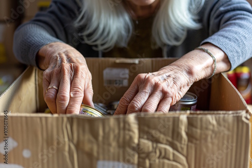 Close-up of elderly Caucasian woman’s hands sorting donation cans, concept of food aid and charity outreach, Thanksgiving photo