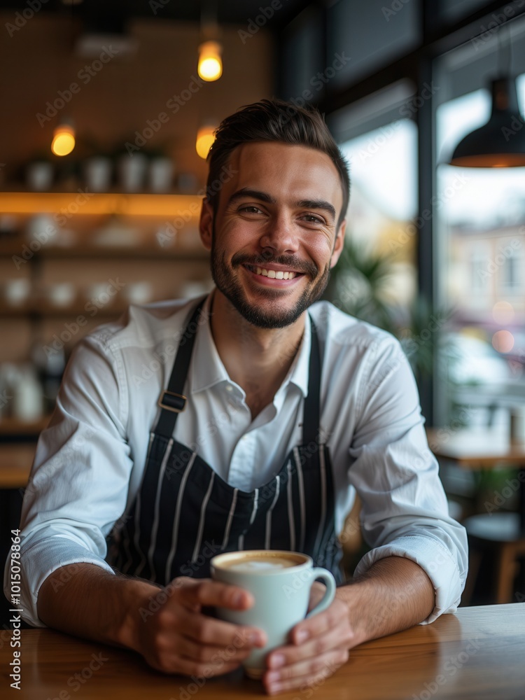A friendly barista dressed in a striped apron holds a steaming coffee cup in a cozy cafe, warmly smiling to welcome customers, creating an inviting and pleasant atmosphere. A friendly barista dressed in a striped apron holds a steaming coffee cup in a cozy cafe, warmly smiling to welcome customers, creating an inviting and pleasant atmosphere.