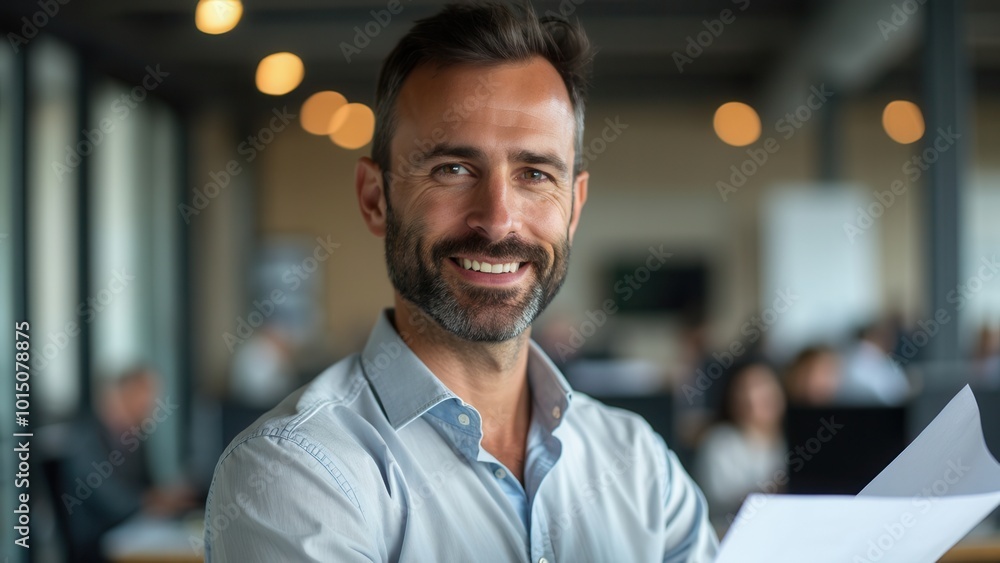 A confident businessman stands in a bright, modern office holding paper and smiling broadly, symbolizing success, leadership, and optimism in a professional work environment. A confident businessman stands in a bright, modern office holding paper and smiling broadly, symbolizing success, leadership, and optimism in a professional work environment.