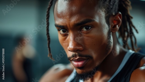 A determined athlete with braided hair gazes intensely forward in a gym setting, symbolizing focus, discipline, and persistence as he prepares for an ambitious personal fitness challenge.