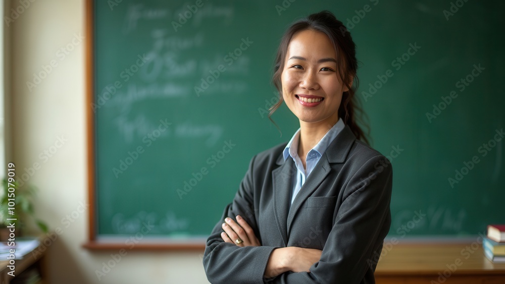 A teacher in business attire stands with arms crossed in front of a chalkboard filled with equations, symbolizing knowledge, authority, and the importance of education in modern settings. A teacher in business attire stands with arms crossed in front of a chalkboard filled with equations, symbolizing knowledge, authority, and the importance of education in modern settings.