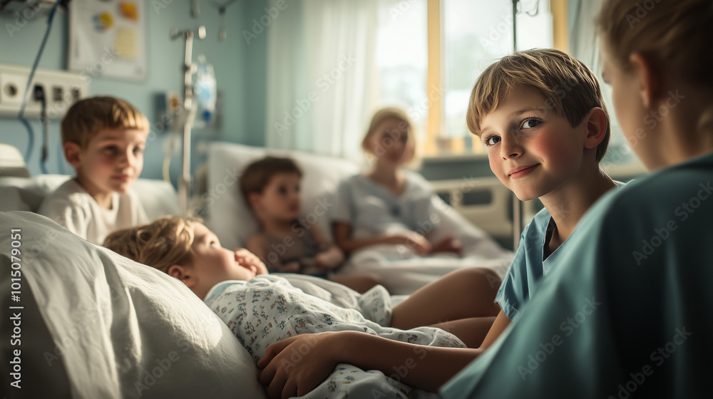 Obraz premium A heartwarming moment unfolds as a group of children connects in a hospital ward. Their smiles and playful interactions hint at a sense of camaraderie and hope