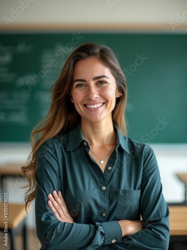 A smiling teacher stands in a bright classroom, arms crossed, conveying a welcoming and educational atmosphere, ideal for fostering student learning and engagement in modern settings. photo