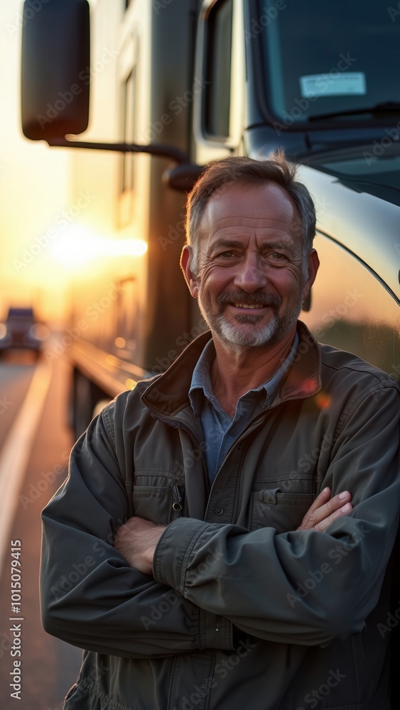 A confident truck driver is leaning against a semi-truck in a picturesque setting during sunset, embodying the spirit of the open road, freedom, and the trucking lifestyle. A confident truck driver is leaning against a semi-truck in a picturesque setting during sunset, embodying the spirit of the open road, freedom, and the trucking lifestyle.