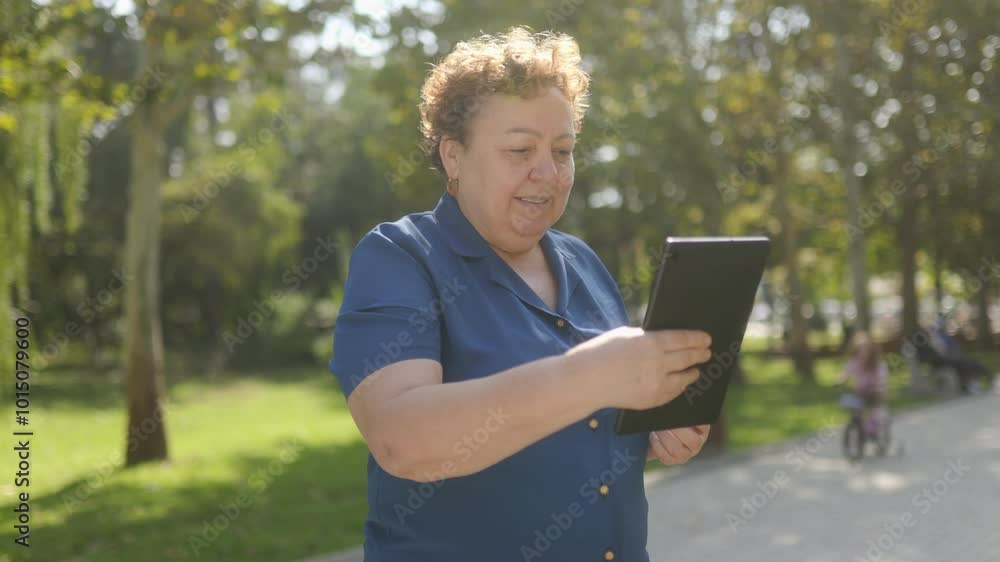 Elderly Lady Chatting Online Surrounded by Greenery Elderly Lady Chatting Online Surrounded by Greenery