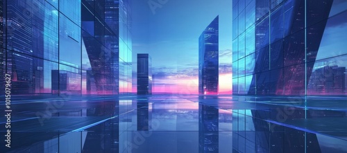 Abstract background of a glass modern city with skyscrapers and reflections on the floor, futuristic architecture concept