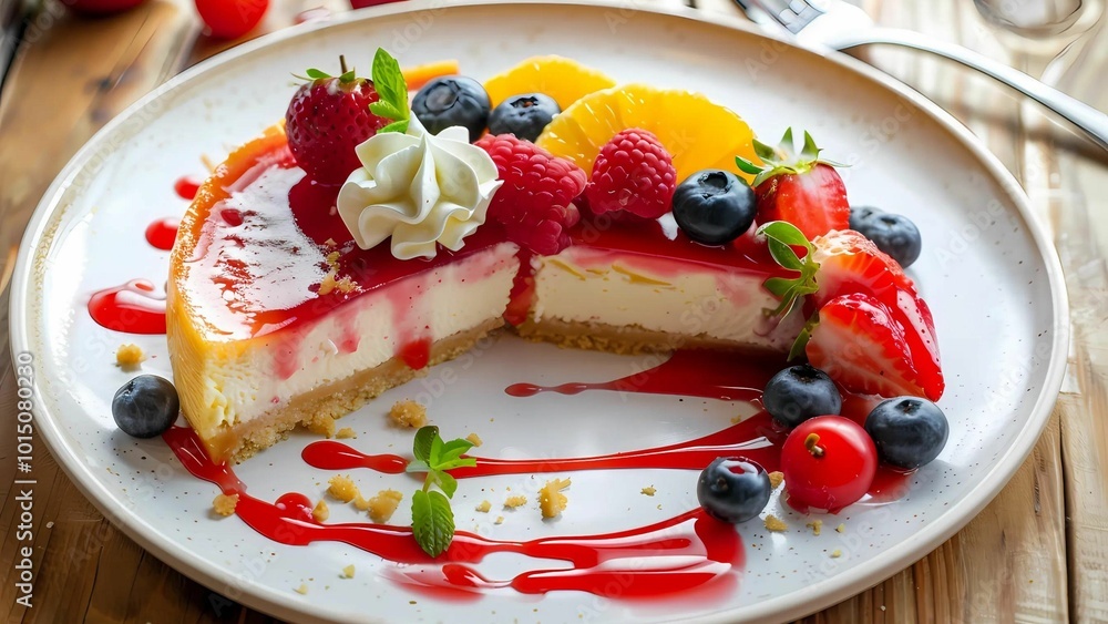 Delicious Cheesecake with Fresh Fruit, Whipped Cream, and Drizzled Glaze Delicious Cheesecake with Fresh Fruit, Whipped Cream, and Drizzled Glaze