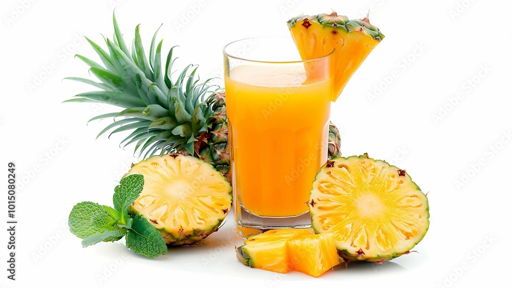 Fresh Pineapple Juice with Sliced Pineapple and Mint Leaves Fresh Pineapple Juice with Sliced Pineapple and Mint Leaves