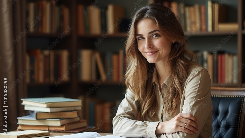 A smiling young woman relaxes in a peaceful library, enjoying her book amidst stacks of books, reflecting a love for literature, comforting solitude, and intellectual satisfaction. A smiling young woman relaxes in a peaceful library, enjoying her book amidst stacks of books, reflecting a love for literature, comforting solitude, and intellectual satisfaction.