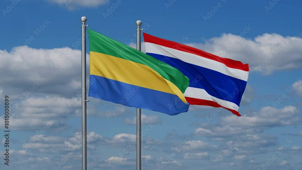 Kingdom of Thailand and Gabon flags flying together, video concept of the relationship, two country cooperation concept Kingdom of Thailand and Gabon flags flying together, video concept of the relationship, two country cooperation concept