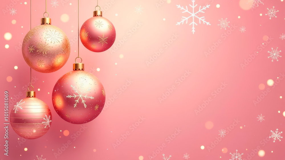 Pink Christmas tree balls hanging on a branch. Pink festive background, with space for text. Postcard, illustration Pink Christmas tree balls hanging on a branch. Pink festive background, with space for text. Postcard, illustration