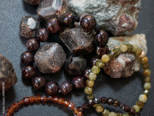 Almandine or almandite stones and bracelets made of them. Garnet minerals photo