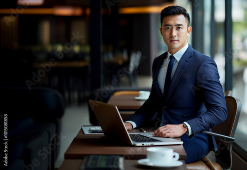 Asian businessman, dressed in a sleek, tailored suit, exudes professionalism and confidence. generative ai picture