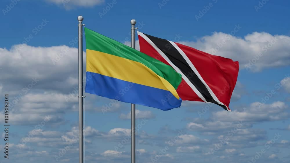 Trinidad and Tobago and Gabon flags flying together, video concept of the relationship, two country cooperation concept Trinidad and Tobago and Gabon flags flying together, video concept of the relationship, two country cooperation concept