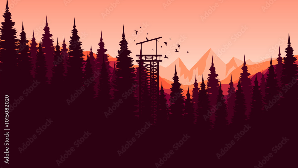 Fototapeta premium nature mountain landscape with forest jungle silhouette vector illustration design good for wallpaper, advertising, ads, background, and business