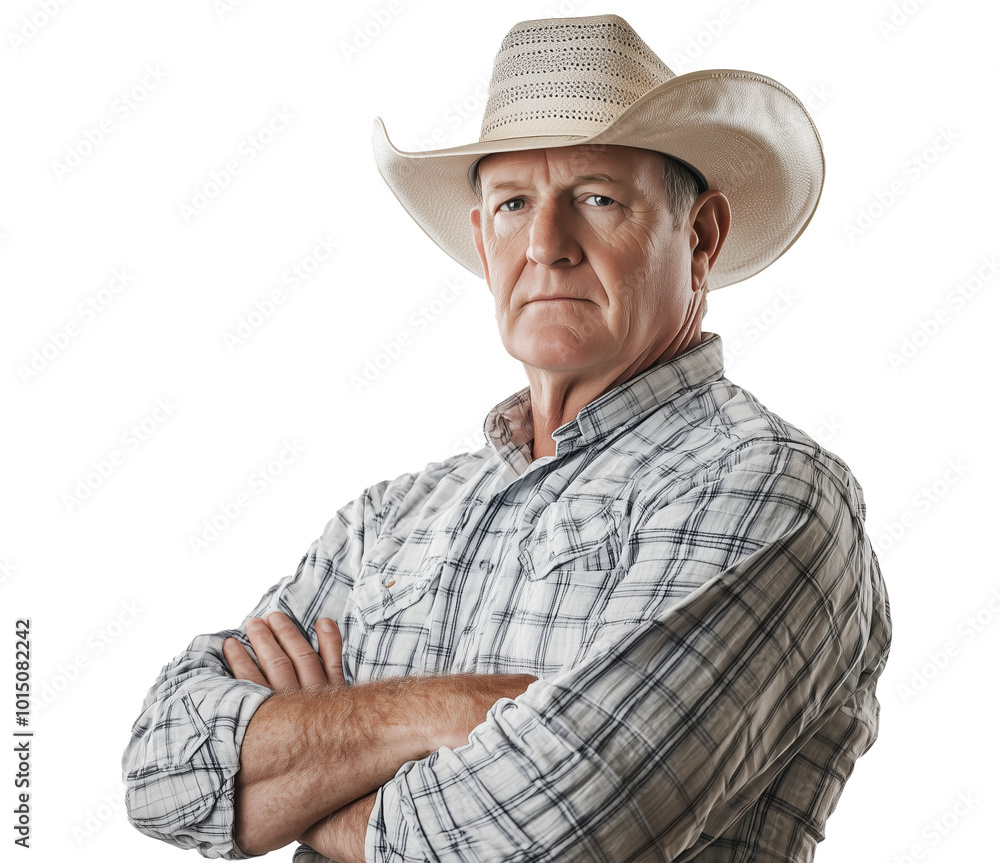 Farmer in hat crossed arms on chest isolated background Generative AI Farmer in hat crossed arms on chest isolated background Generative AI